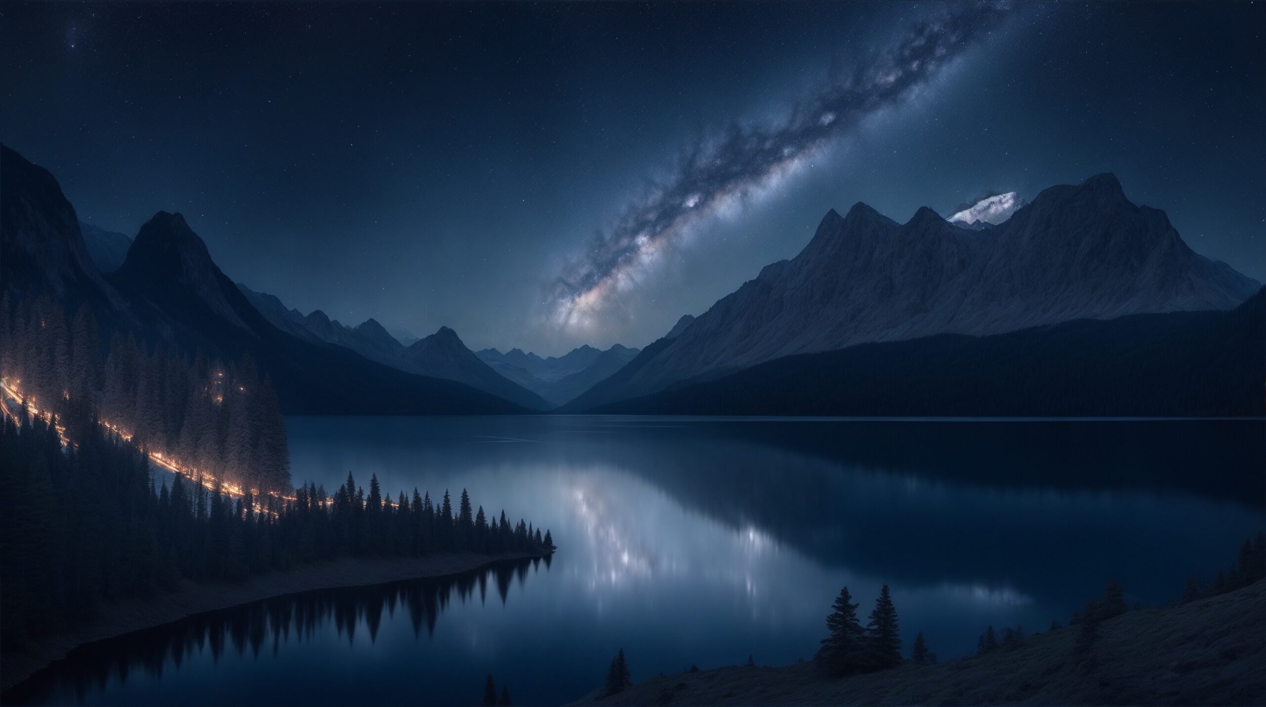 Krajobraz górskiego jeziora nocą